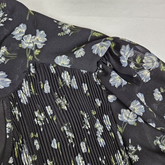 MNG Mango Womens Pleated Floral Blouse Relaxed Necktie Black Cottage Romantic 6 - Picture 9 of 16